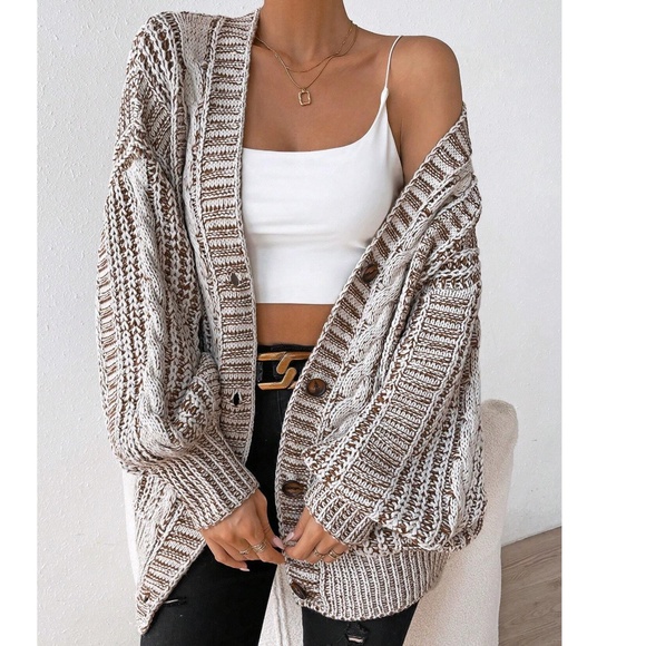 Cozy Two Tone Chunky Cable Knit button Oversized Cardigan - Picture 1 of 9